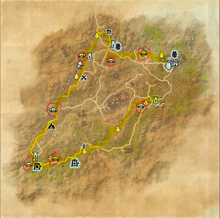 map: northern elsweyr.
highlights a possible path to complete this achievement and collecting a few skyshards along the way.