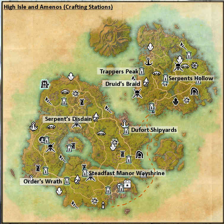Map - High Isle and Amenos Crafting Set locations with nearest wayshrines.